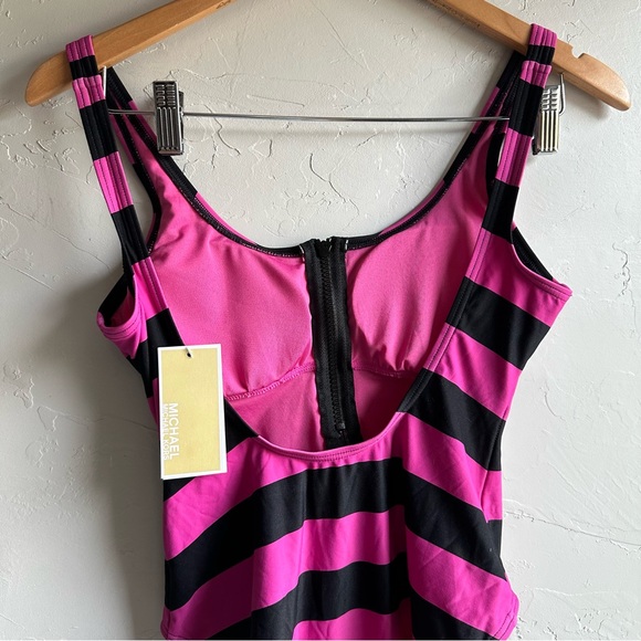 Michael Kors Zip Front One-Piece with Logo Zipper Pink and Black Stripes Size 6 - Picture 7 of 14
